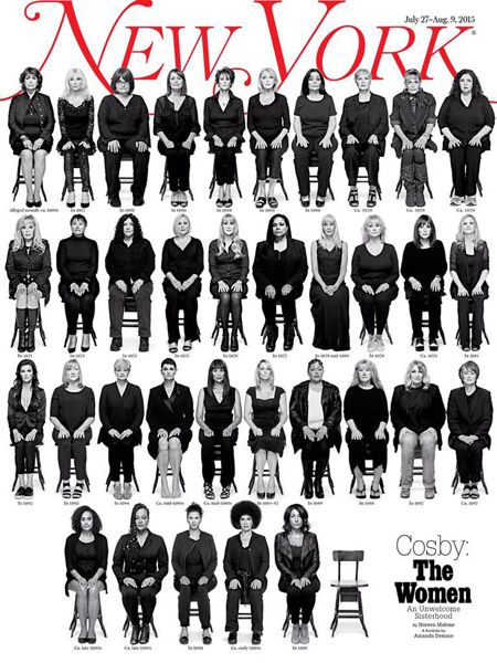 image of the cover of the current issue of New York magazine, featuring 35 women sitting in chairs and one empty chair beside them, with a headline reading: 'Cosby: The Women | An Unwelcome Sisterhood'