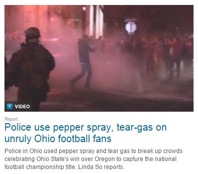 screen cap of an article teaser with an image of people on the street engulfed in tear gas with a headline reading: 'Police use pepper spray, tear-gas on unruly Ohio football fans'