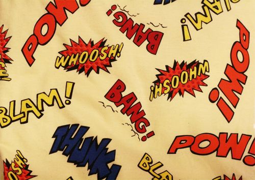images of words like 'whoosh!' and 'bang!' and 'thunk!' in comic book styling
