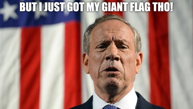 image of George Pataki making a pained face in front of a large US flag, to which I've added text reading: 'But I just got my giant flag tho!'