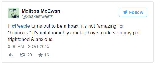 screen cap of tweet authored by me reading: 'If #Peeple turns out to be a hoax, it's not 'amazing' or 'hilarious.' It's unfathomably cruel to have made so many ppl frightened & anxious.'
