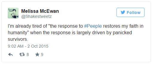 screen cap of tweet authored by me reading: 'I'm already tired of 'the response to #Peeple restores my faith in humanity' when the response is largely driven by panicked survivors.'