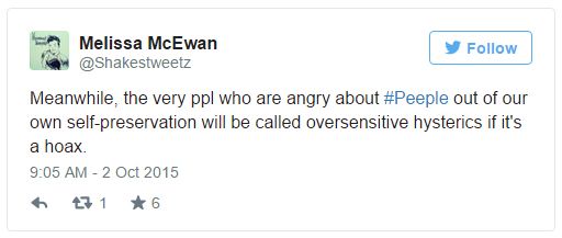 screen cap of tweet authored by me reading: 'Meanwhile, the very ppl who are angry about #Peeple out of our own self-preservation will be called oversensitive hysterics if it's a hoax.'