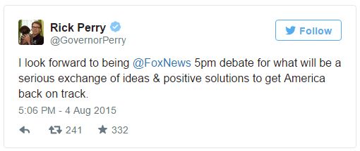 screen cap of tweet authored by Rick Perry reading: 'I look forward to being @FoxNews 5pm debate for what will be a serious exchange of ideas & positive solutions to get America back on track.'
