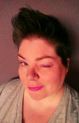 image of me wearing pink eyeshadow, pink blush, and pink lipstick
