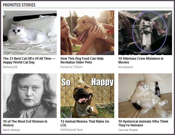 screen cap of six 'promoted stories,' four of which are stories about animals doing funny things, one of which is about flubs on film sets, and the sixth of which is: '10 of The Most Evil Women In History'