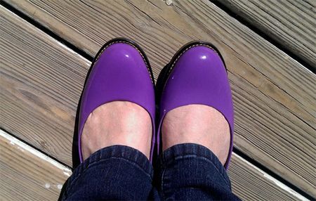 image of my feet clad in purple slip-on Doc Martens