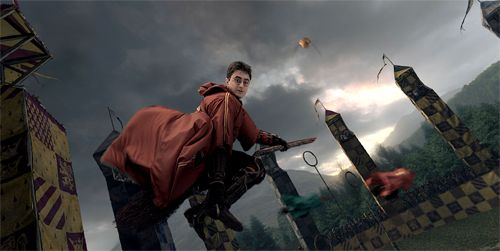 scene from Harry Potter of Harry on his broom playing quidditch