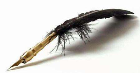 image of a quill fashioned from a black feather and a gold grip