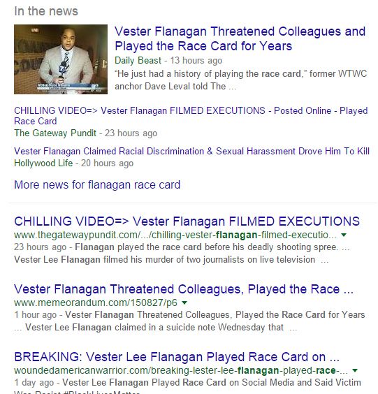 screen cap of news headlines about Flanagan 'playing the race card'