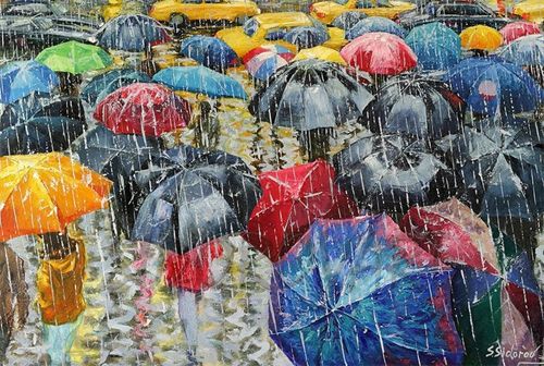 image of a painting featuring people walking in the rain with umbrellas, painting from an angle overlooking the people, so they are all hidden beneath a sea of umbrellas