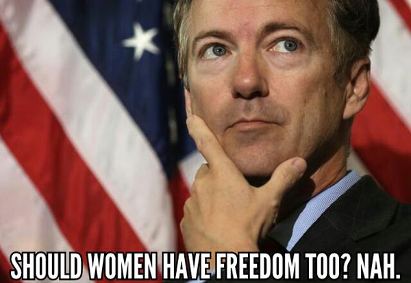 image of Rand Paul standing in front of a US flag with his hand on his chin looking thoughtful, to which I've added text reading: 'Should women have freedom too? Nah.'