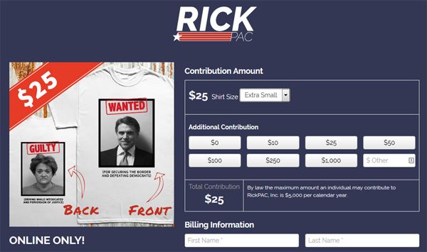 screen shot of RickPAC website selling shirt