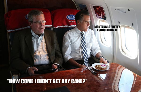 image of Jeb Bush and Mitt Romney on an airplane; Romney is looking out the window and there is a plate of cake sitting in front of him. I have added text indicating Bush is saying, 'How come I didn't get any cake?' and Romney is thinking, 'Montana is pretty. I should buy it.'