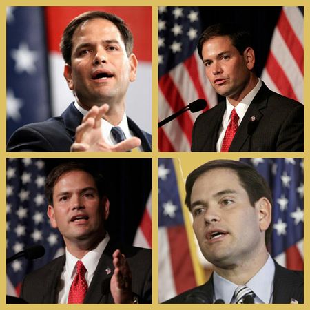 collage of four images of Senator Marco Rubio standing in front of US flags