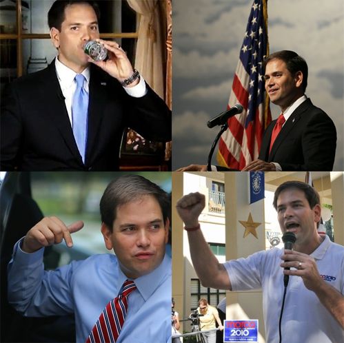 four images of Marco Rubio, drinking bottled water, standing in front of a US flag speaking into a microphone, getting out of a car, and wearing a polo shirt