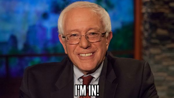 image of Senator Bernie Sanders smiling, to which I've added text reading: 'I'm in!'