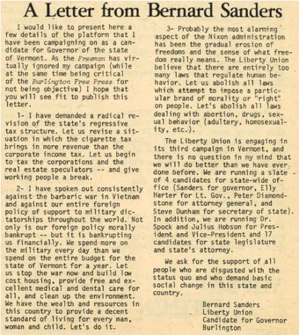 image of the old letter; the relevant paragraph reads: 'The Liberty Union believe that there are entirely too many laws that regulate human behavior. Let us abolish all laws which attempt to impose a particular brand of morality or 'right' on people. Let's abolish all laws dealing with abortion, drugs, sexual behavior (adultery, homosexuality, etc.).'