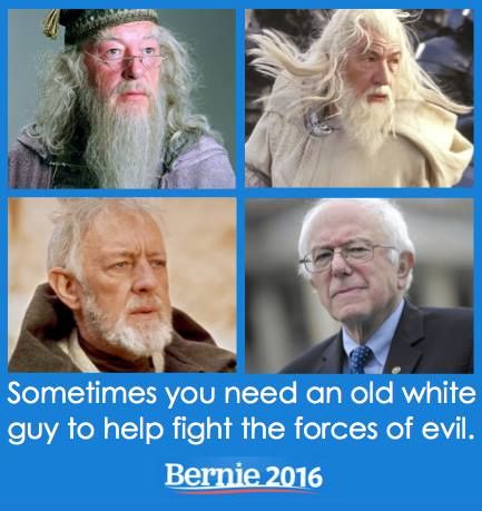 screen cap of a meme featuring four images: Dumbledore, Gandalf, Obi-Wan Kenobi, and Bernie Sanders, accompanied by text reading: 'Sometimes you need an old white guy to help fight the forces of evil'