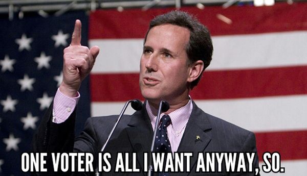 image of Rick Santorum standing in front of a US flag holding up one finger, to which I've added text reading: 'One voter is all I want anyway, so.'