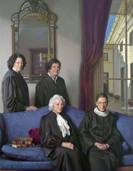 image of a portrait of the three current and one former Supreme Court Justices who are women: Sonia Sotomayor, Elena Kagan, Ruth Bader Ginsburg, and Sandra Day O'Connor