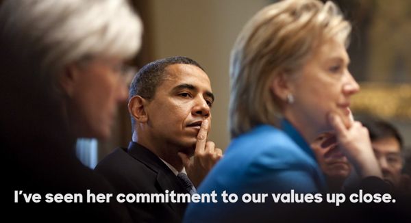 image of President Obama gazing at an out-of-focus Hillary Clinton, with text reading: 'I've seen her commitment to our values up close'
