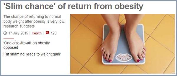 screen cap of a BBC article showing a thin white woman's feet on a scale with a headline reading: 'Obesity: 'Slim chance' of return to normal weight' and a subhead reading: 'The chance of returning to normal body weight after obesity is very low, research suggests.'