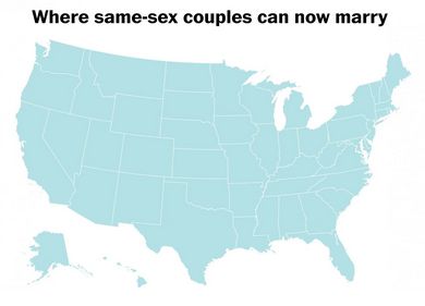 image of a graphic showing the United States, entirely blue, labeled 'Where same-sex couples can now marry'