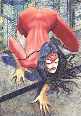 image of Spider-Woman crouching forward with her ass in the air, the most prominent feature in the image