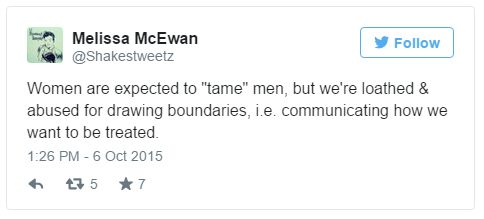screen cap of a tweet authored by me reading: 'Women are expected to 'tame' men, but we're loathed & abused for drawing boundaries, i.e. communicating how we want to be treated.'