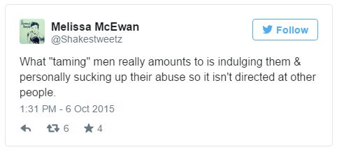 screen cap of a tweet authored by me reading: 'What 'taming' men really amounts to is indulging them & personally sucking up their abuse so it isn't directed at other people.'