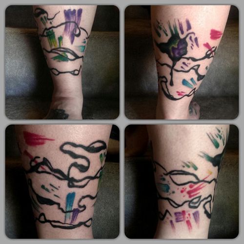 series of four images showing a tattoo that wraps around my lower right calf, which looks like a river of black ink curling around, accompanied by colors that look like streaks and splatters of paint