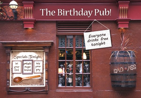 image of a pub Photoshopped to be named 'The Birthday Pub!'