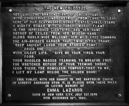 image of the inscription on the Statue of Liberty featuring the sonnet 'The New Colossus' quoted below, as well as text with a dedication to its author, Emma Lazarus