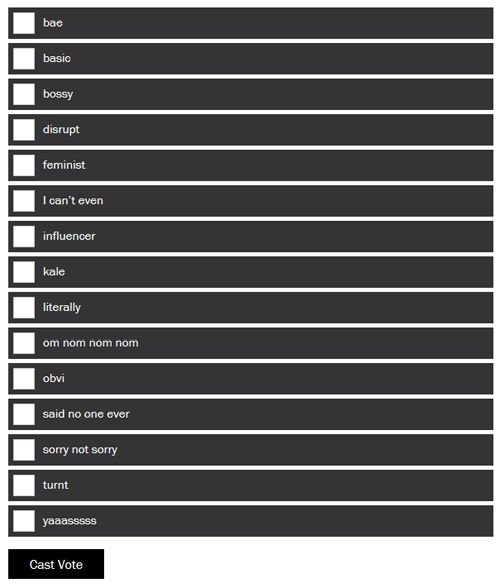 image of list of candidate words for 'banning' followed by a VOTE button