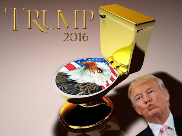 image of a gold toilet with a US flag toilet seat featuring a bald eagle, to which I've added text reading: 'TRUMP 2016' and Donald Trump's iconic pursed-lip face is just peeking in from one corner