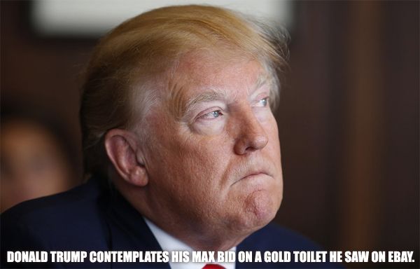 image of Donald Trump staring into the distance looking contemplative, to which I've added text reading: 'Donald Trump contemplates his max bid on a gold toilet he saw on eBay.'