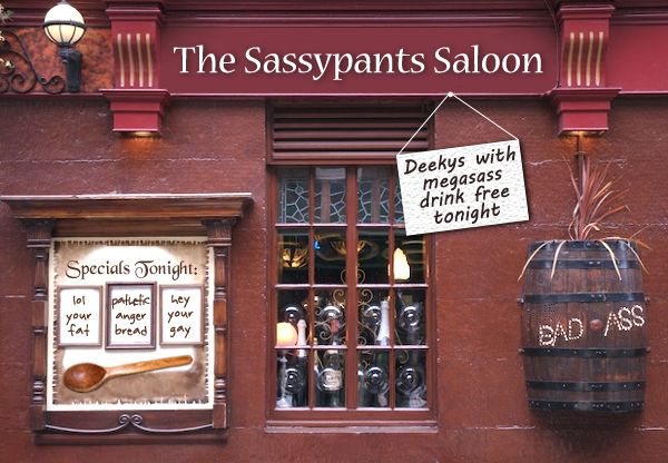 image of a pub Photoshopped to be named 'The Sassypants Saloon'