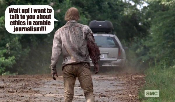 image of a zombie stumbling after a car Carol is driving away, leaving a plume of dust, to which I've added text indicating the zombie is saying: 'Wait up! I want to talk to you about ethics in zombie journalism!'