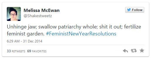 screen cap of tweet authored by me reading: 'Unhinge jaw; swallow patriarchy whole; shit it out; fertilize feminist garden. #FeministNewYearResolutions'