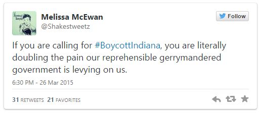 screen cap of a tweet authored by me reading: 'If you are calling for #BoycottIndiana, you are literally doubling the pain our reprehensible gerrymandered government is levying on us.'