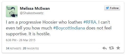 screen cap of a tweet authored by me reading: 'I am a progressive Hoosier who loathes #RFRA. I can't even tell you how much #BoycottIndiana does not feel supportive. It is hostile.'