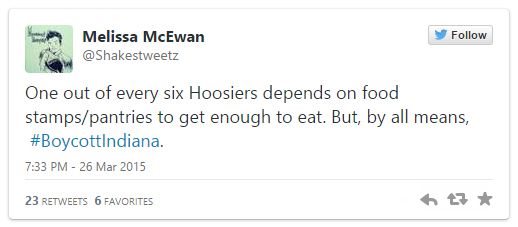 screen cap of a tweet authored by me reading: 'One out of every six Hoosiers depends on food stamps/pantries to get enough to eat. But, by all means, #BoycottIndiana.'