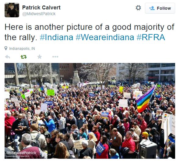 image of tweet authored by Patrick Calvert featuring a picture of the rally and reading: 'Here is another picture of a good majority of the rally. #Indiana #Weareindiana #RFRA'