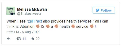 screen cap of tweet authored by me reading: 'When I see '@PPact also provides health services,' all I can think is: Abortion [clapping hands emogi] IS [clapping hands emogi] a [clapping hands emogi] health [clapping hands emogi] service [clapping hands emogi] !'