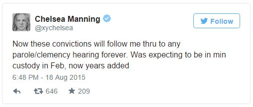screen cap of a tweet from Manning's account reading: 'Now these convictions will follow me thru to any parole/clemency hearing forever. Was expecting to be in min custody in Feb, now years added'
