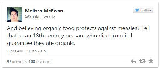 screen cap of tweet authored by me reading: 'And believing organic food protects against measles? Tell that to an 18th century peasant who died from it. I guarantee they ate organic.'