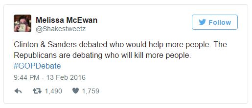 screen cap of a tweet authored by me reading: 'Clinton & Sanders debated who would help more people. The Republicans are debating who will kill more people. #GOPDebate'
