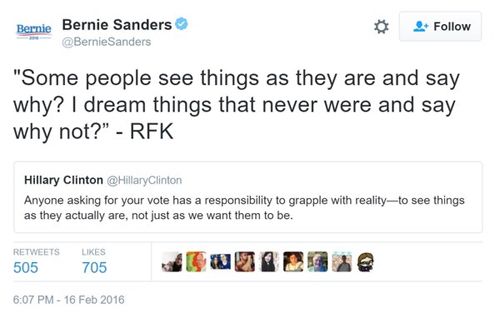 screen cap of Sanders tweet quoting the above referenced Clinton tweet and adding: ''Some people see things as they are and say why? I dream things that never were and say why not?'—RFK'