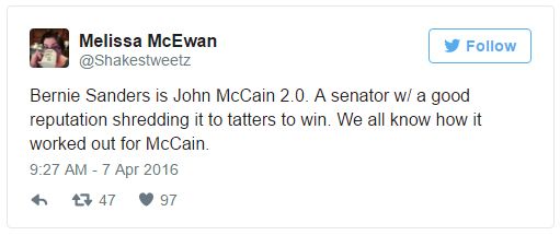 screen cap of a tweet authored by me reading: 'Bernie Sanders is John McCain 2.0. A senator w/ a good reputation shredding it to tatters to win. We all know how it worked out for McCain.'